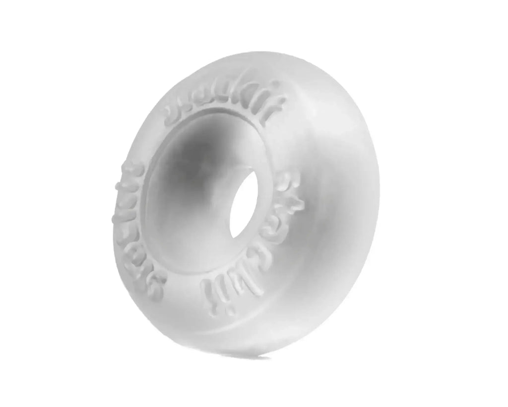 White translucent silicone donut shaped perfectfit stackit clear with embossed text around its circumference