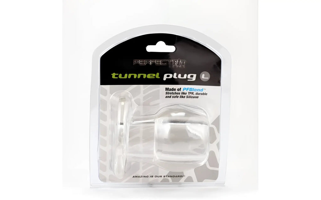 PerfectFit tunnel plug large clear transparent pfblend material in a sleek modern package for secure fit use