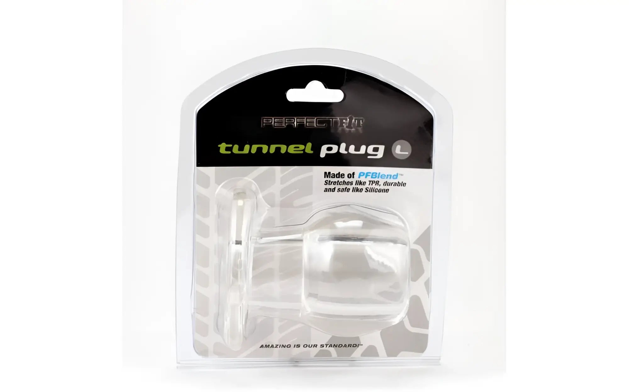 PerfectFit tunnel plug large clear transparent pfblend material in a sleek modern package for secure fit use
