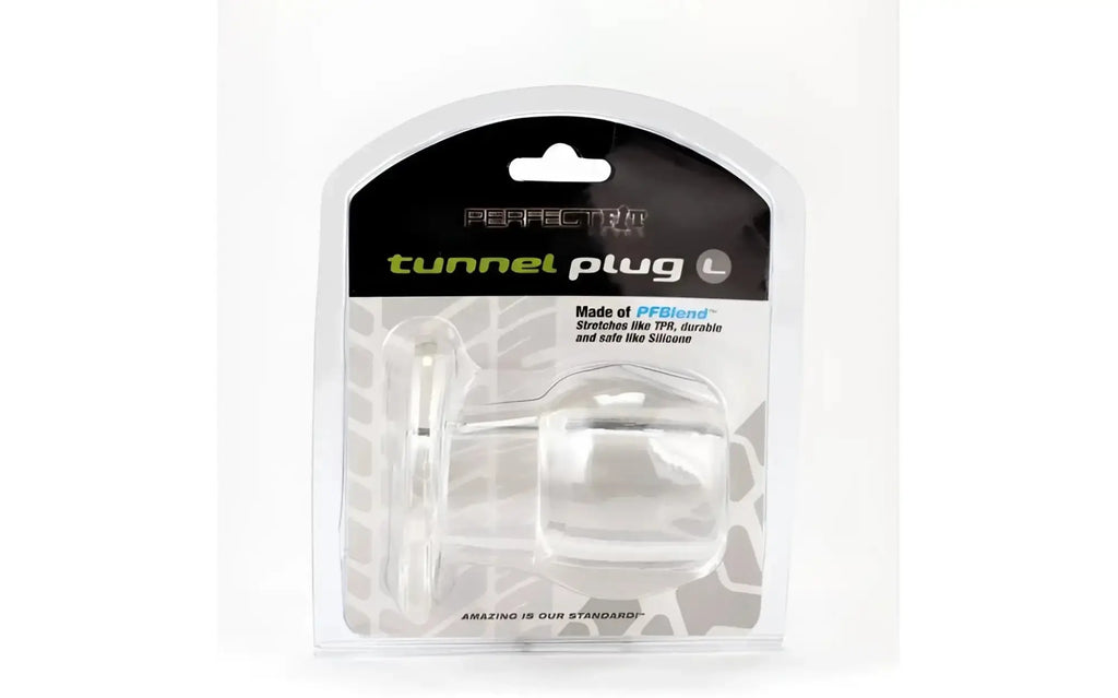 PerfectFit tunnel plug large clear transparent pfblend material in a sleek modern package for secure fit use