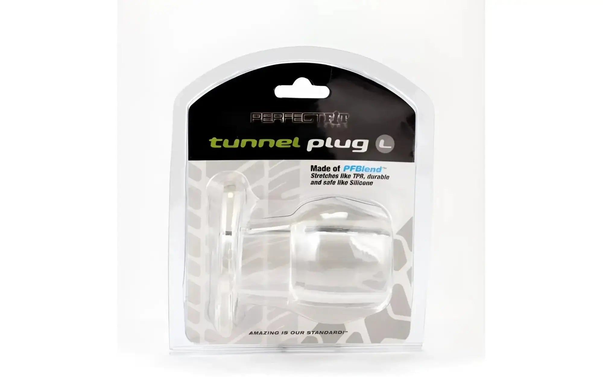 PerfectFit tunnel plug large clear transparent pfblend material in a sleek modern package for secure fit use
