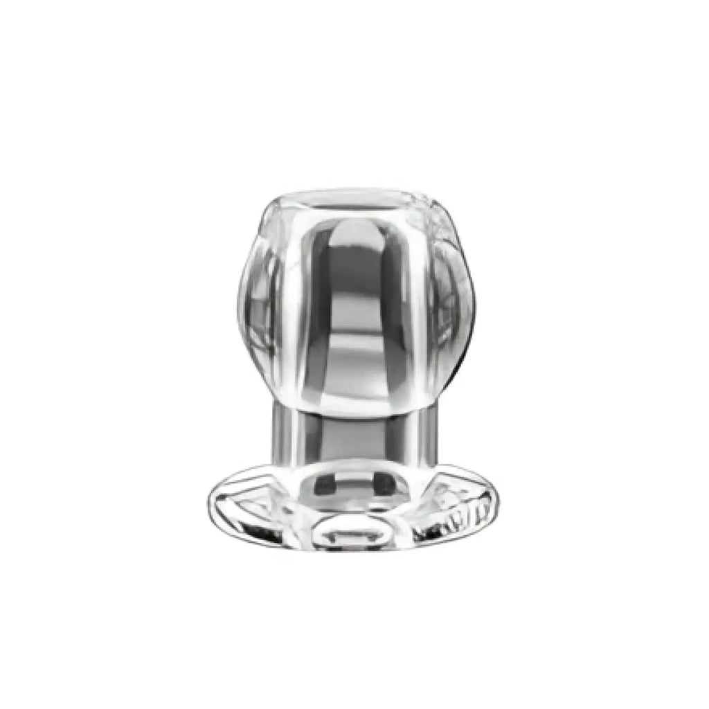 Clear glass perfectfit tunnel plug medium with a faceted rounded top and flat base for ear stretching