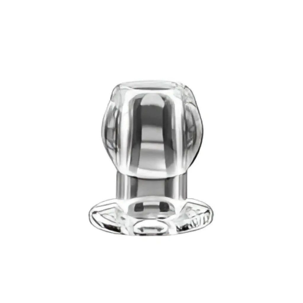 Clear glass perfectfit tunnel plug medium with a faceted rounded top and flat base for ear stretching