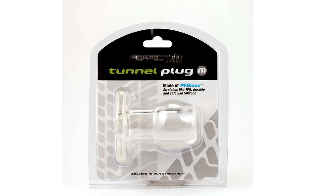 Clear transparent PerfectFit tunnel plug medium made of pfblend material in branded packaging