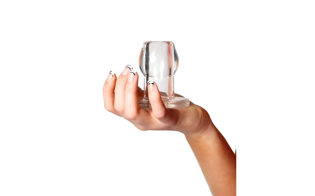 Clear glass anal plug perfectfit tunnel plug XL with rounded bulbous head and flat base for comfortable use