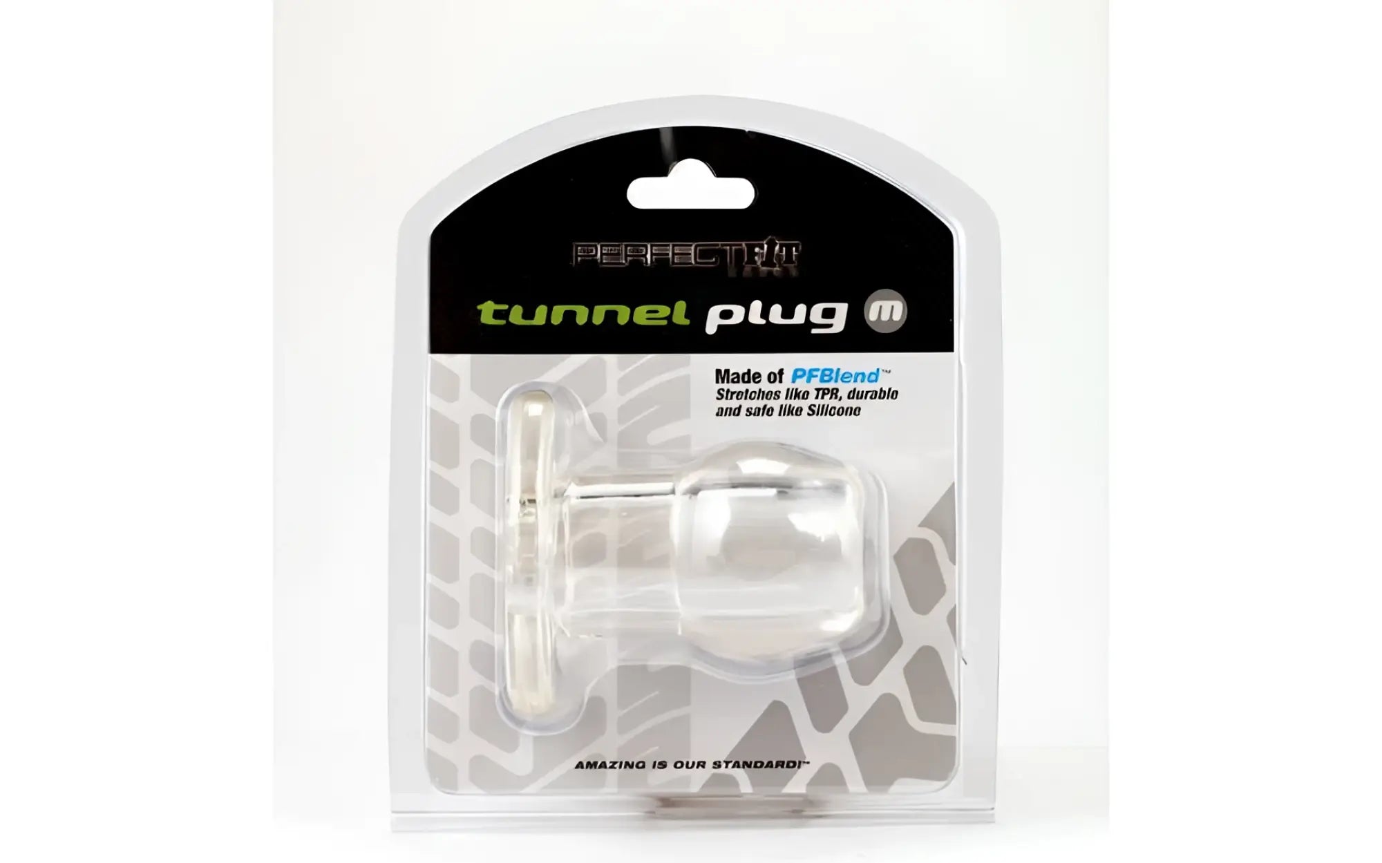 Clear transparent perfectfit tunnel plug xl made of pfblend material in branded packaging for ear tunnels