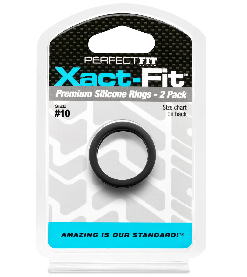 Black silicone ring in perfect fit xact-fit packaging showing a size 10 1 inch 2 pack product display