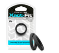 Black silicone rings in perfectfit xact-fit package showing size 10 1 inch 2 pack for comfortable wear