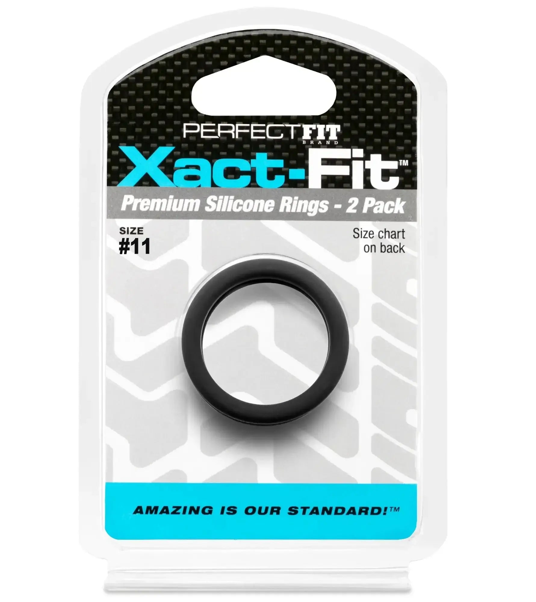 Black silicone ring in perfectfit xact-fit packaging showing size 11 1.1 inch two pack for comfortable wear