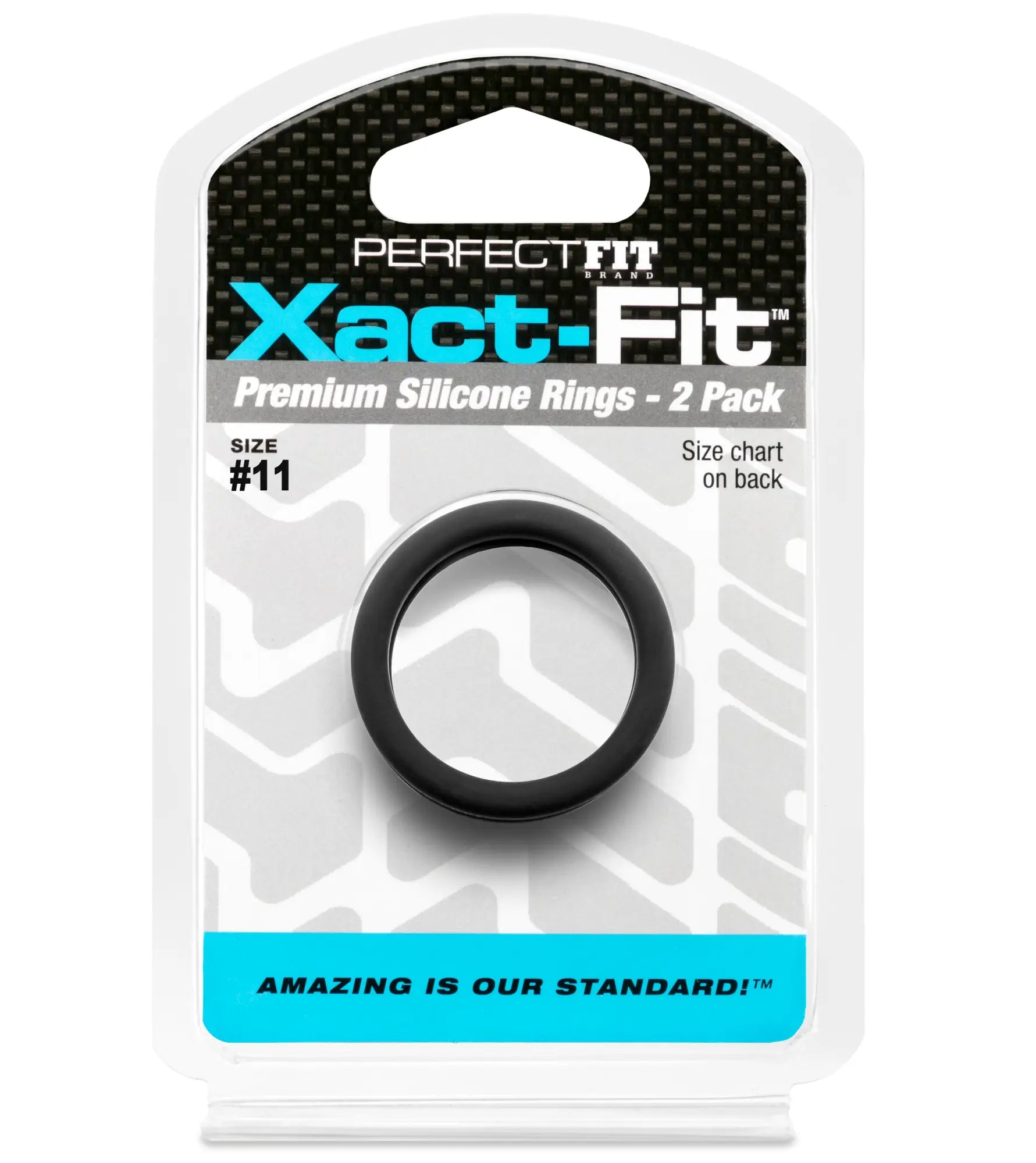 Black silicone ring in perfectfit xact-fit packaging showing size 11 1.1 inch two pack for comfortable wear