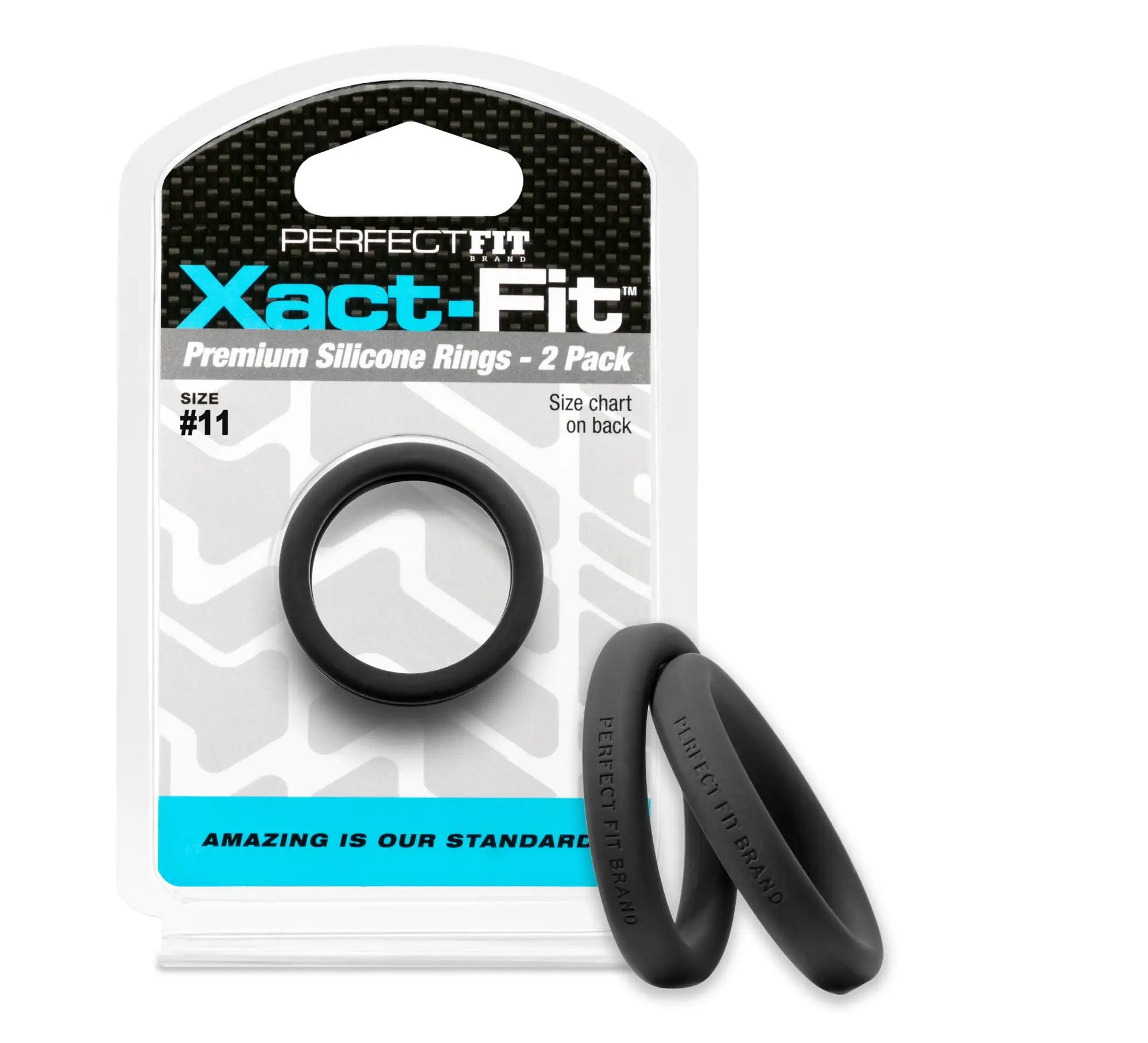 Black silicone rings in perfectfit xact-fit packaging showing size 11 1.1in 2 pack for comfortable everyday wear