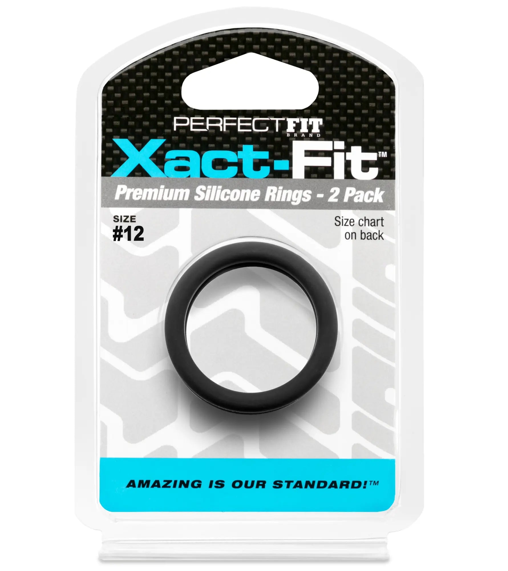 Black silicone ring perfectfit xact-fit size 12 in 1.2 inch displayed in xact-fit packaging