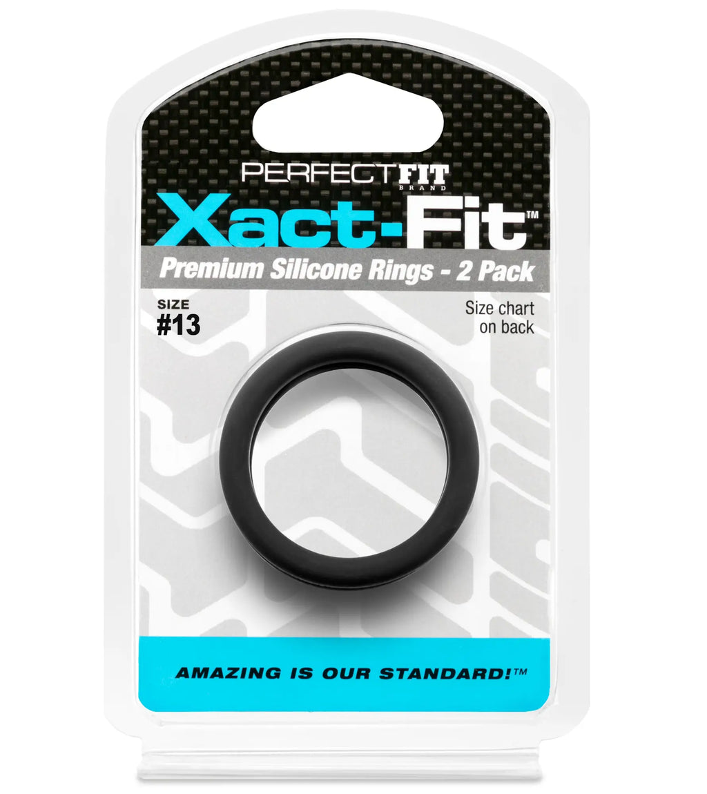 Black silicone ring in perfect fit xact-fit packaging showing size 13 and 1.3 inch width 2 pack
