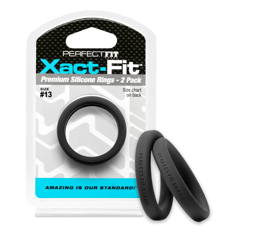 Black silicone rings in a perfect fit xact-fit package sized 13 1.3 inches 2 pack for comfortable wear