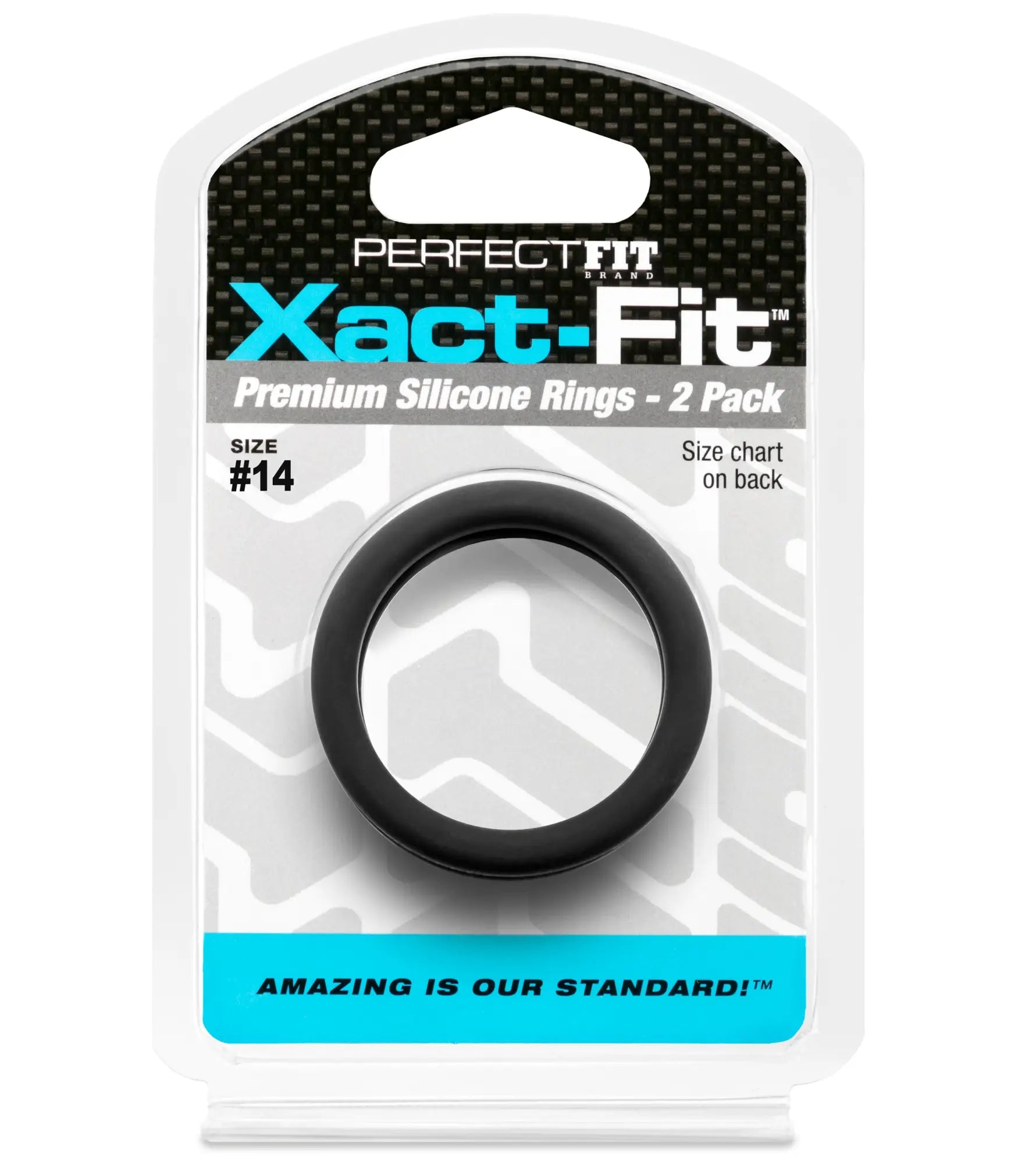 Black silicone ring in perfectfit xact-fit packaging showing a size 14 1.4-inch 2 pack