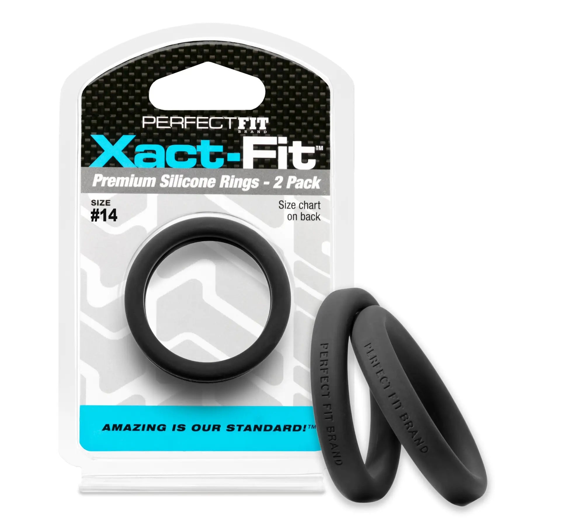 Black silicone rings from PerfectFit Xact-Fit #14 1.4in 2 pk in sleek carbon fiber textured blister pack
