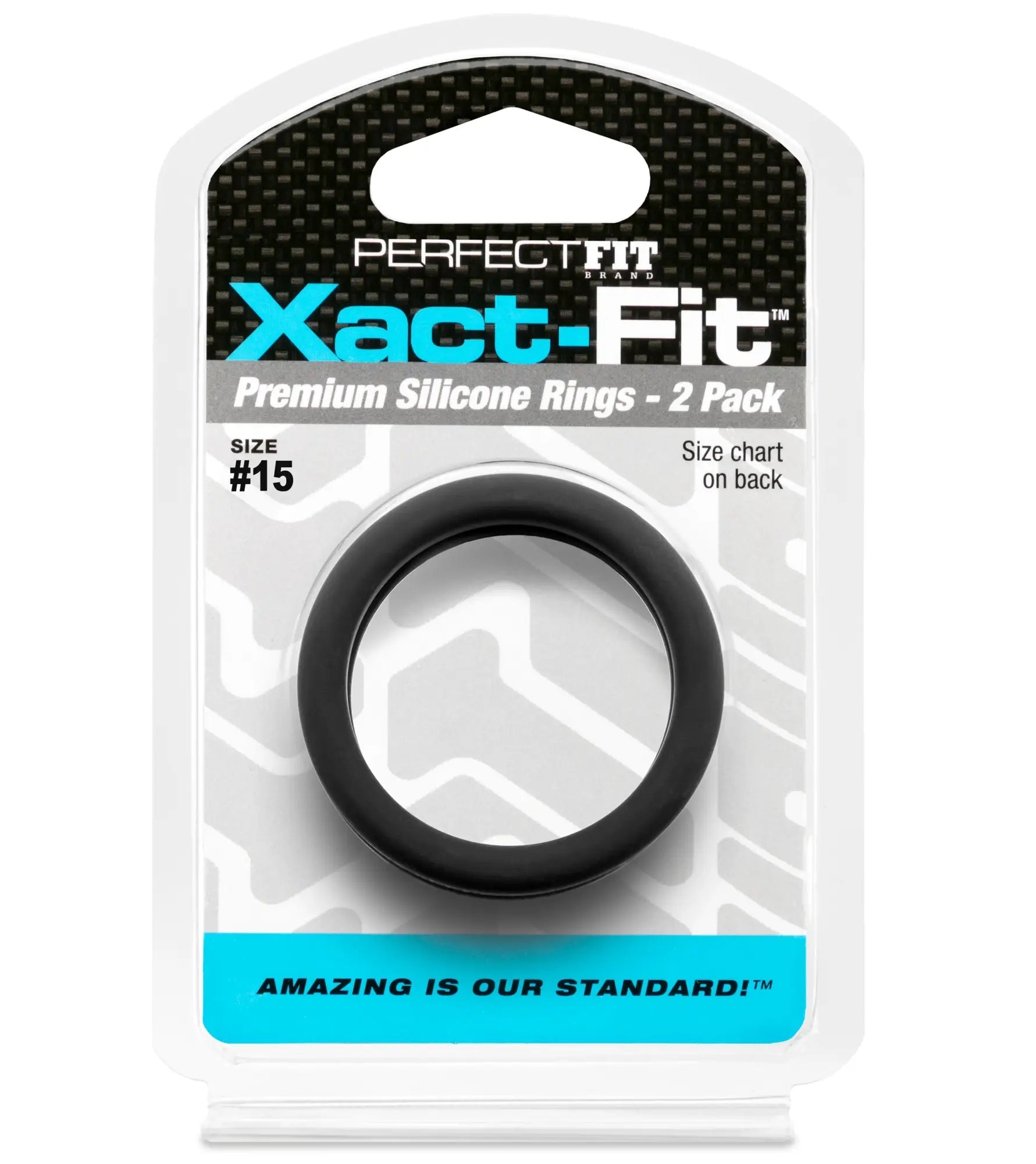 Black silicone ring in perfect fit xact-fit packaging showing two 1.5 inch rings in size 15 pack