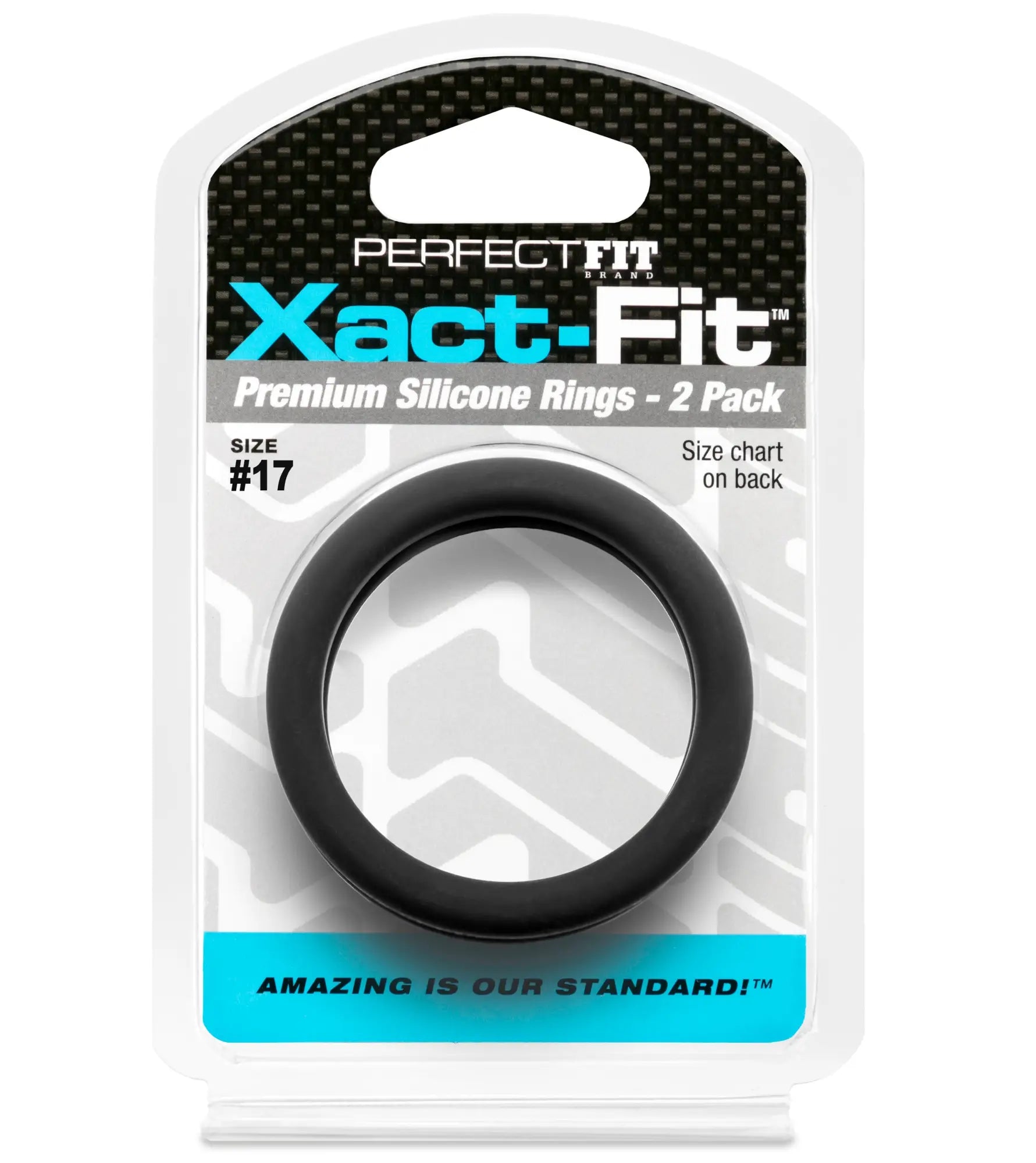 Black silicone ring in perfectfit xact-fit packaging showcasing a secure and comfortable fit 1.7 inch 2 pack