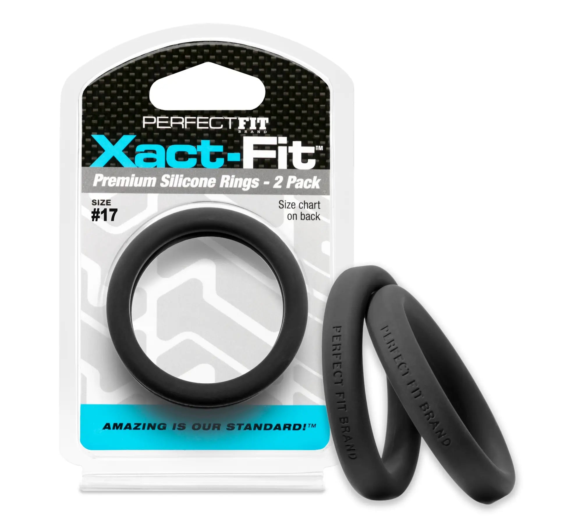 Black silicone rings in perfect fit xact-fit package showing the size 17 and 1.7 inch diameter in a 2 pack