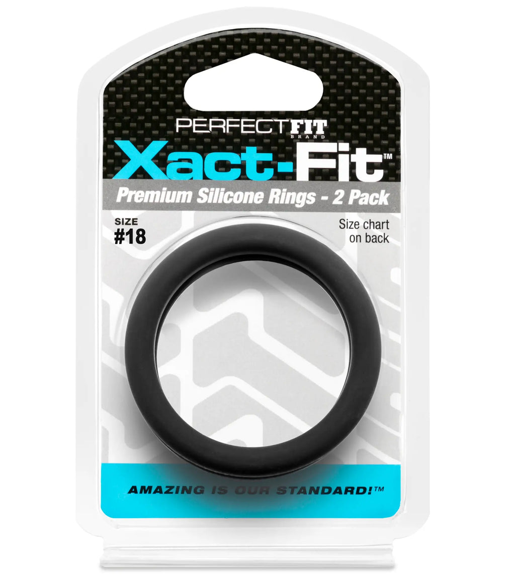 Black silicone ring in perfectfit xact-fit packaging showing a size 18 1.8 inch two pack for comfortable wear