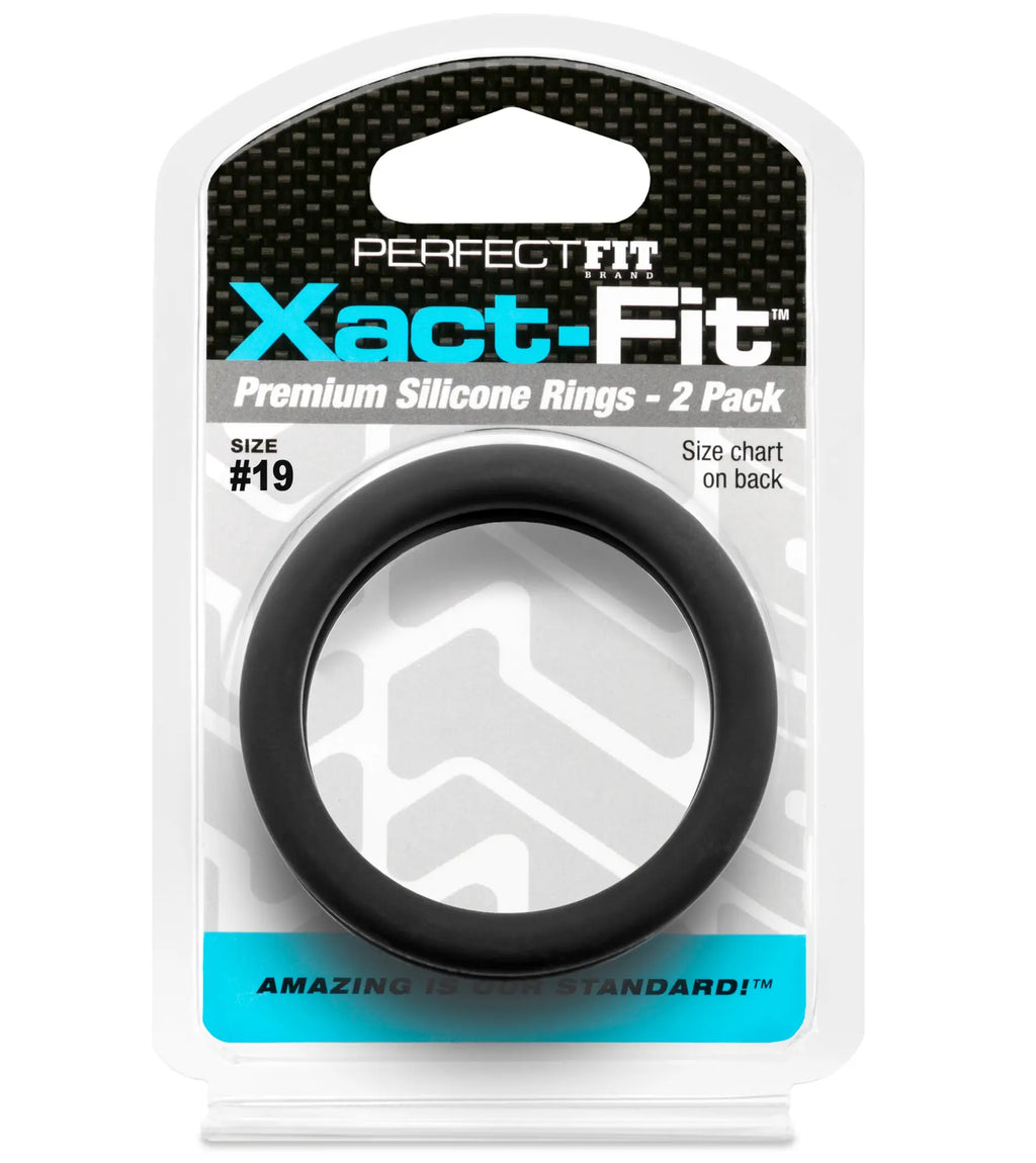 Black silicone perfectfit xact-fit ring in size 19 shown in branded packaging with a perfect fit design