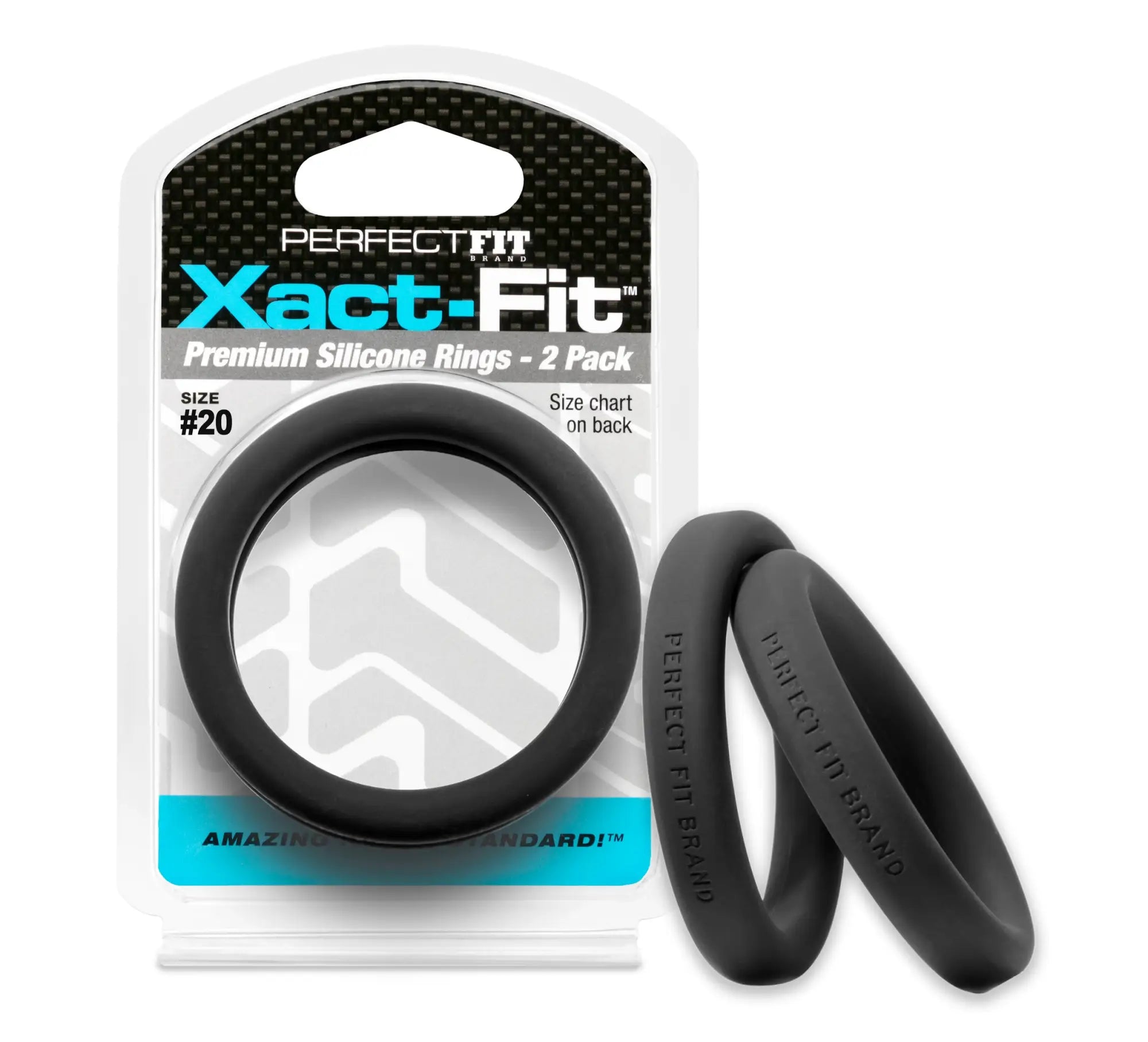 Black silicone rings in a perfectfit xact-fit package size 20 showing a perfect fit and durable material