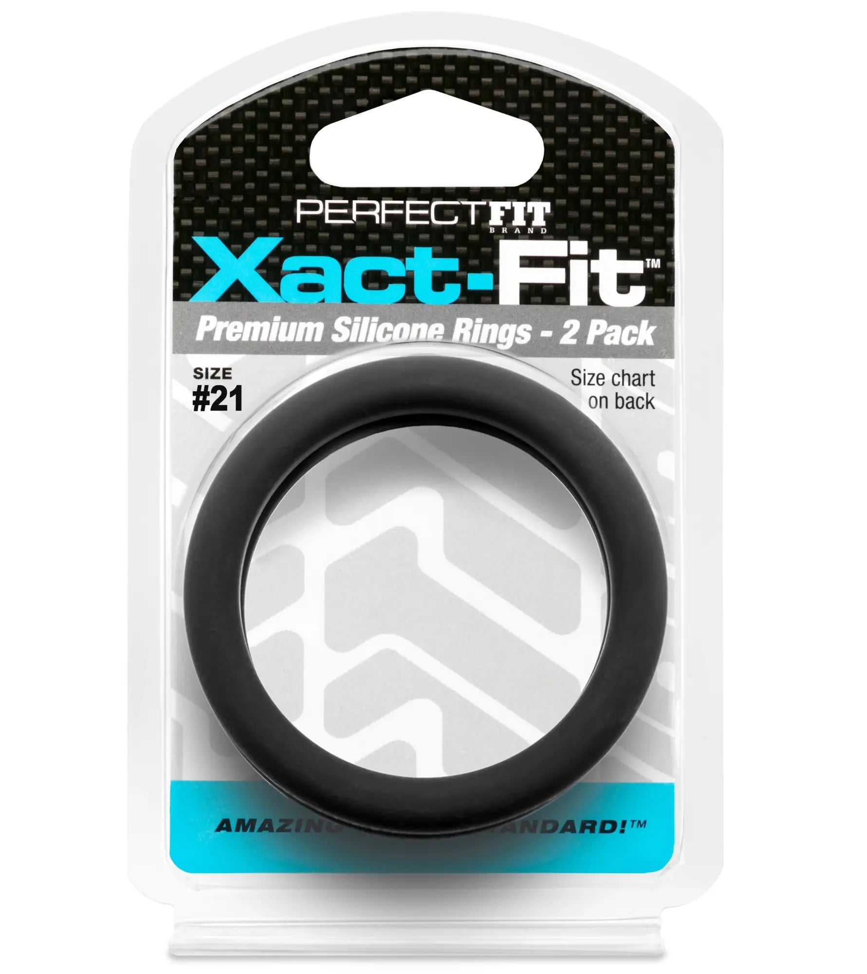 Black silicone ring in perfectfit xact-fit packaging showing a snug and secure fit for size 21 fingers