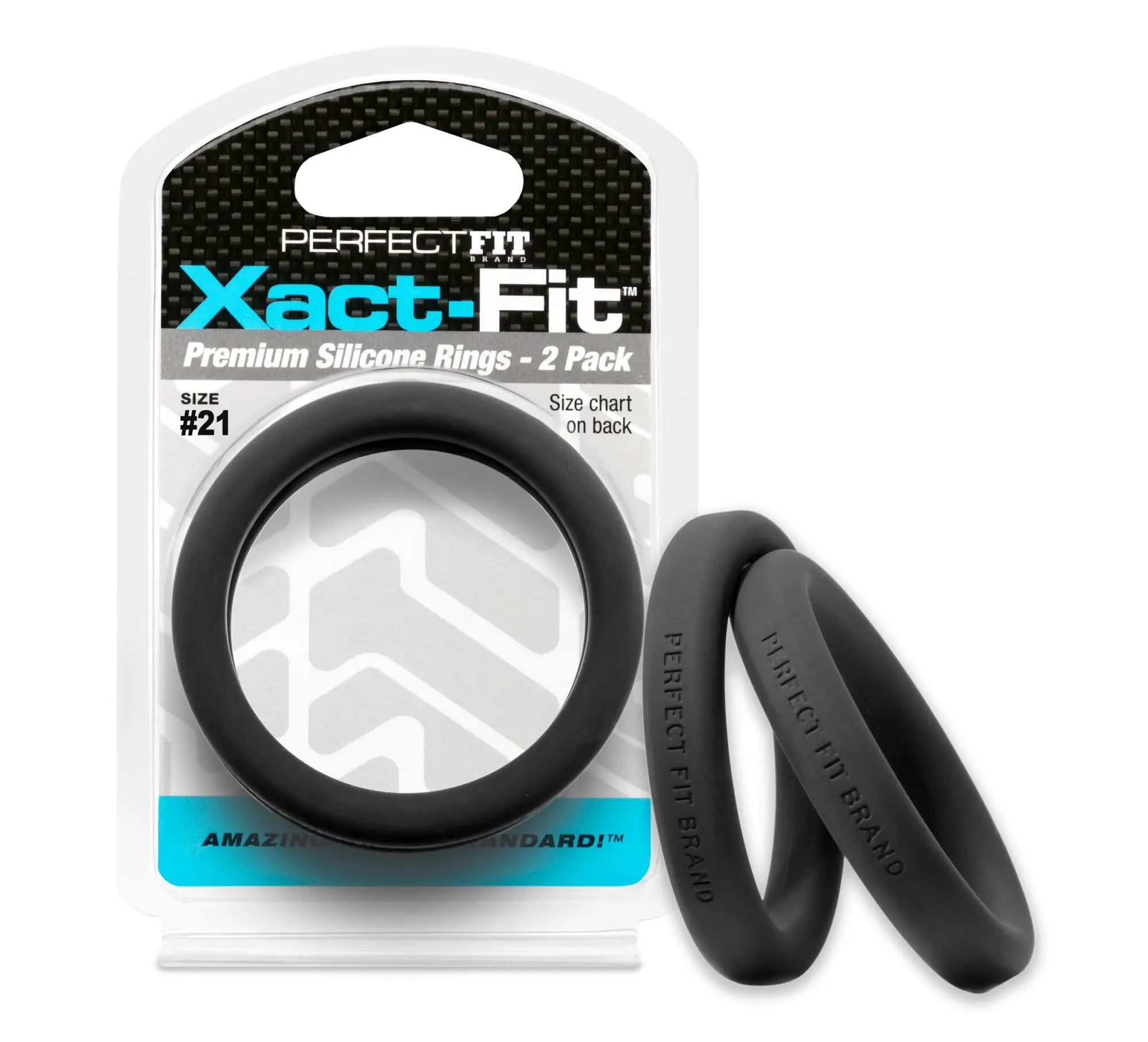 Black silicone rings in a perfectfit xact-fit package featuring size 21 2.1 inch 2 pack for comfortable wear