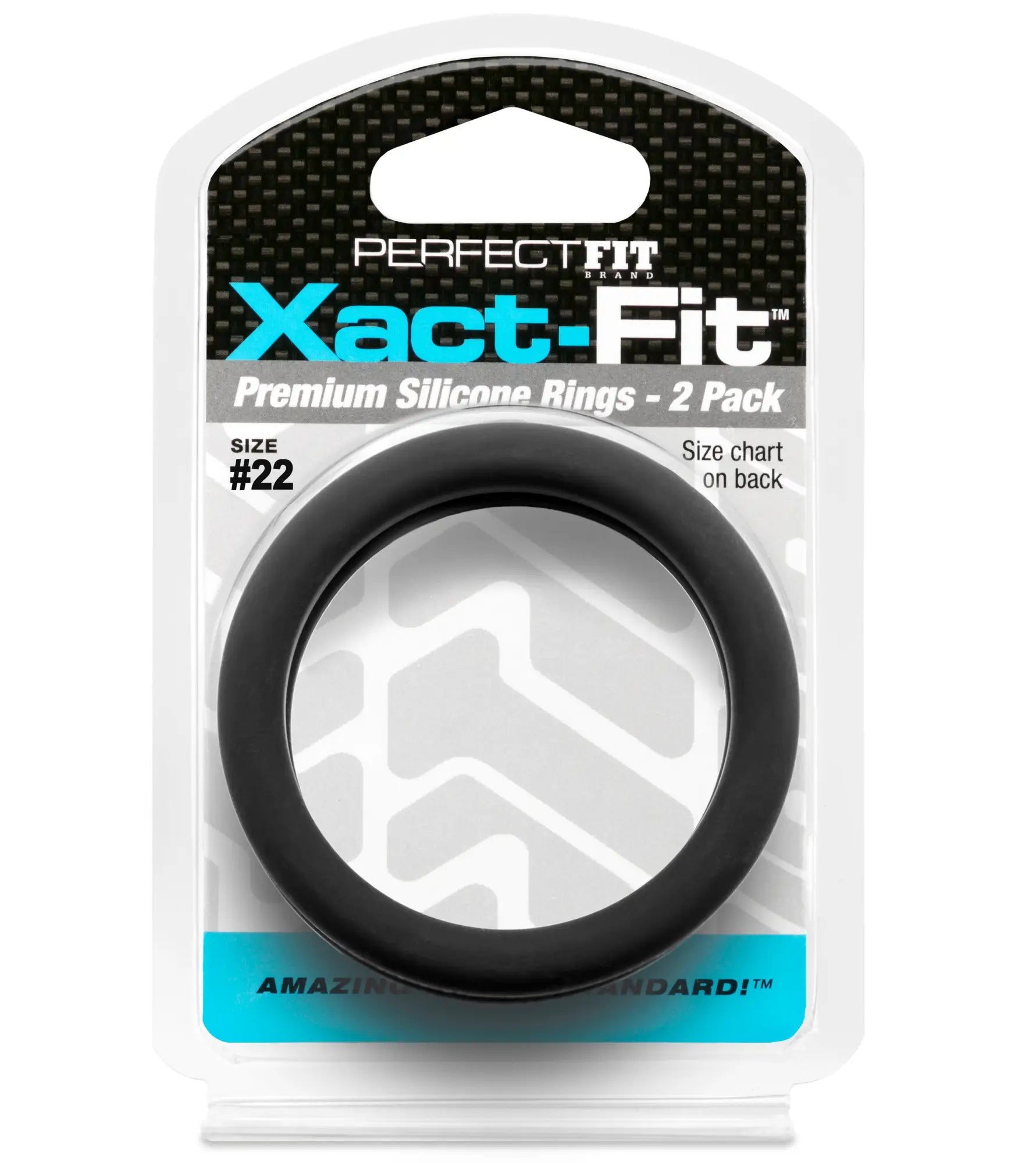 Black silicone ring in perfect fit xact-fit packaging showing a 2.2 inch size 2 pack for comfortable wear