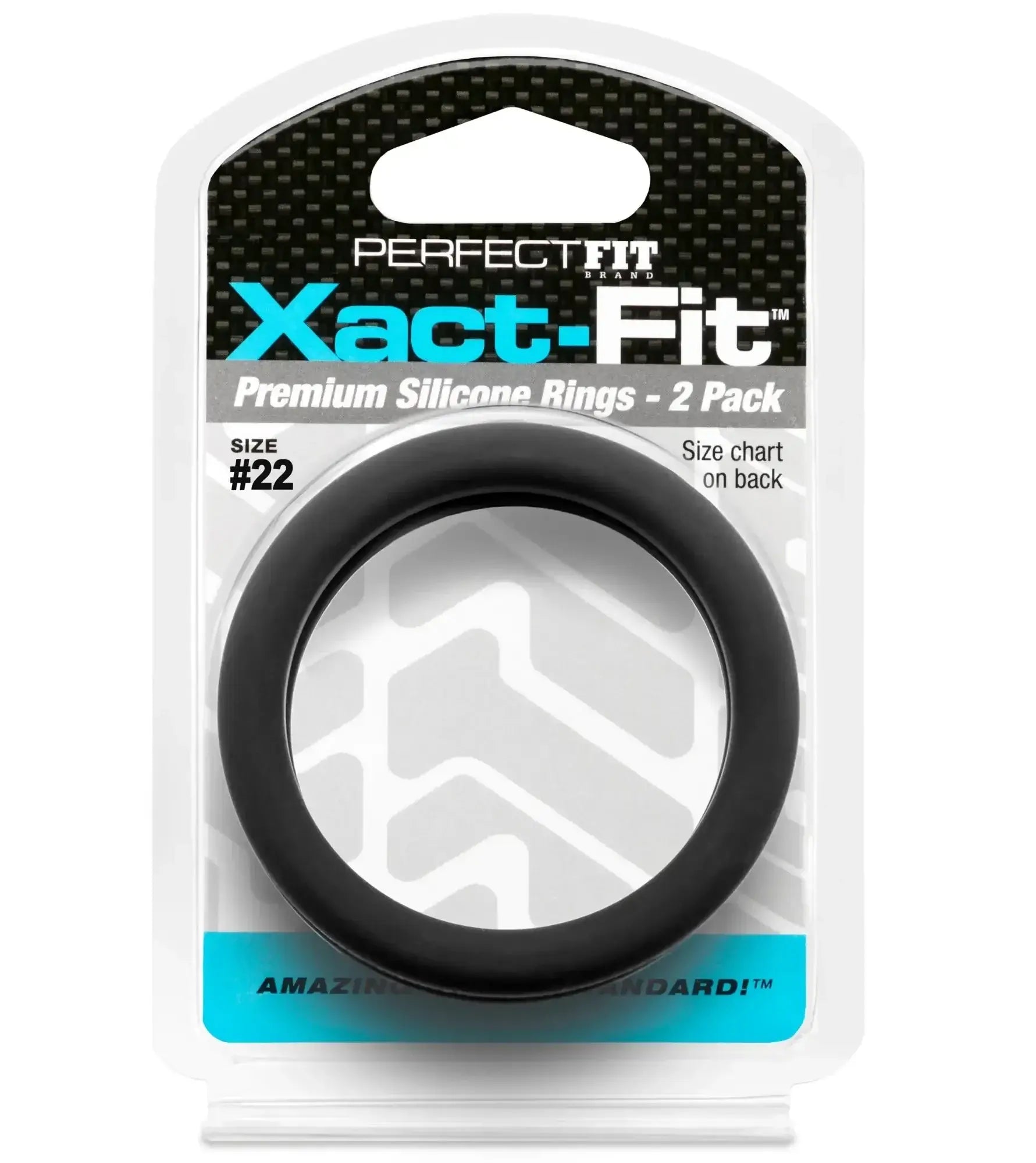 Black silicone ring in perfect fit xact-fit packaging showing a 2.2 inch size 2 pack for comfortable wear