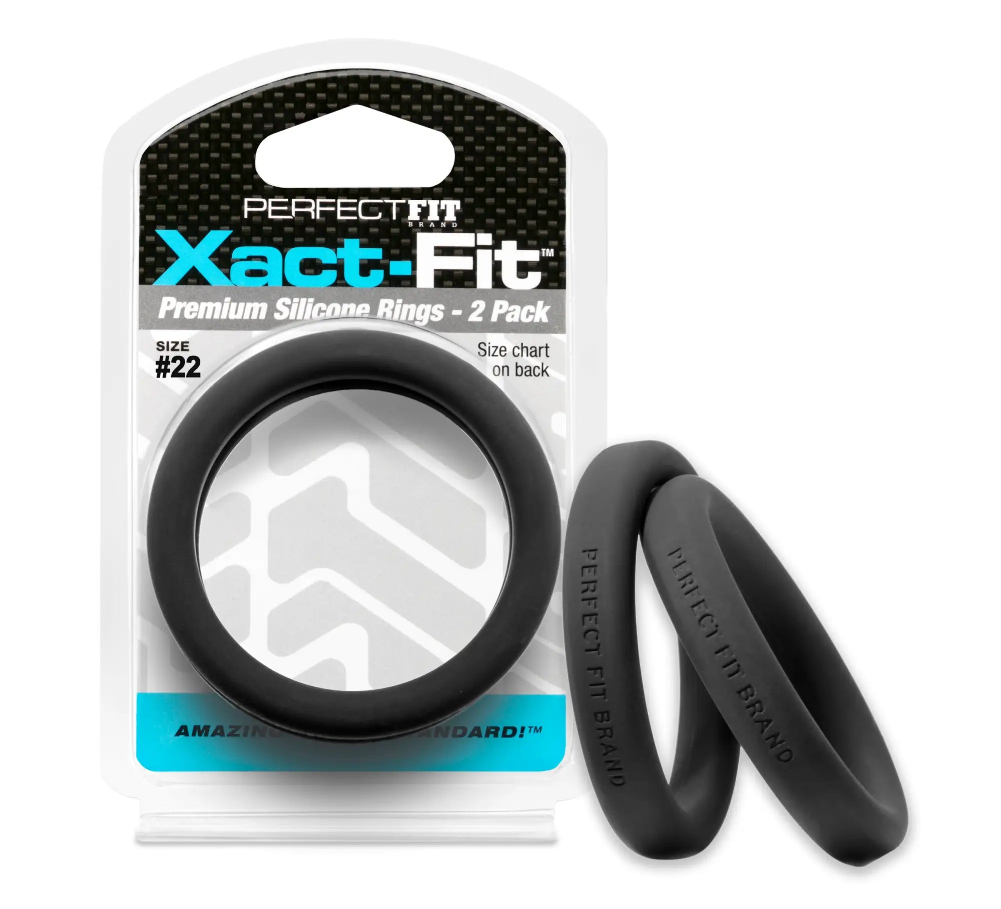 PerfectFit xact-fit black silicone rings 2.2 inch 2 pack in clear plastic and cardboard blister pack packaging
