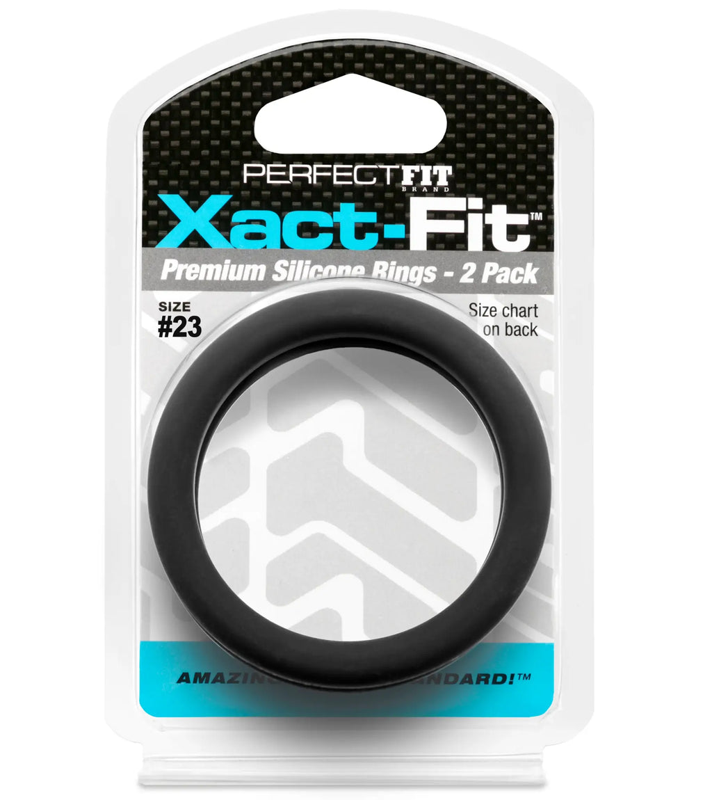 Black silicone ring in perfect fit xact-fit packaging showing a 2.3 inch size 2 pack for comfortable wear