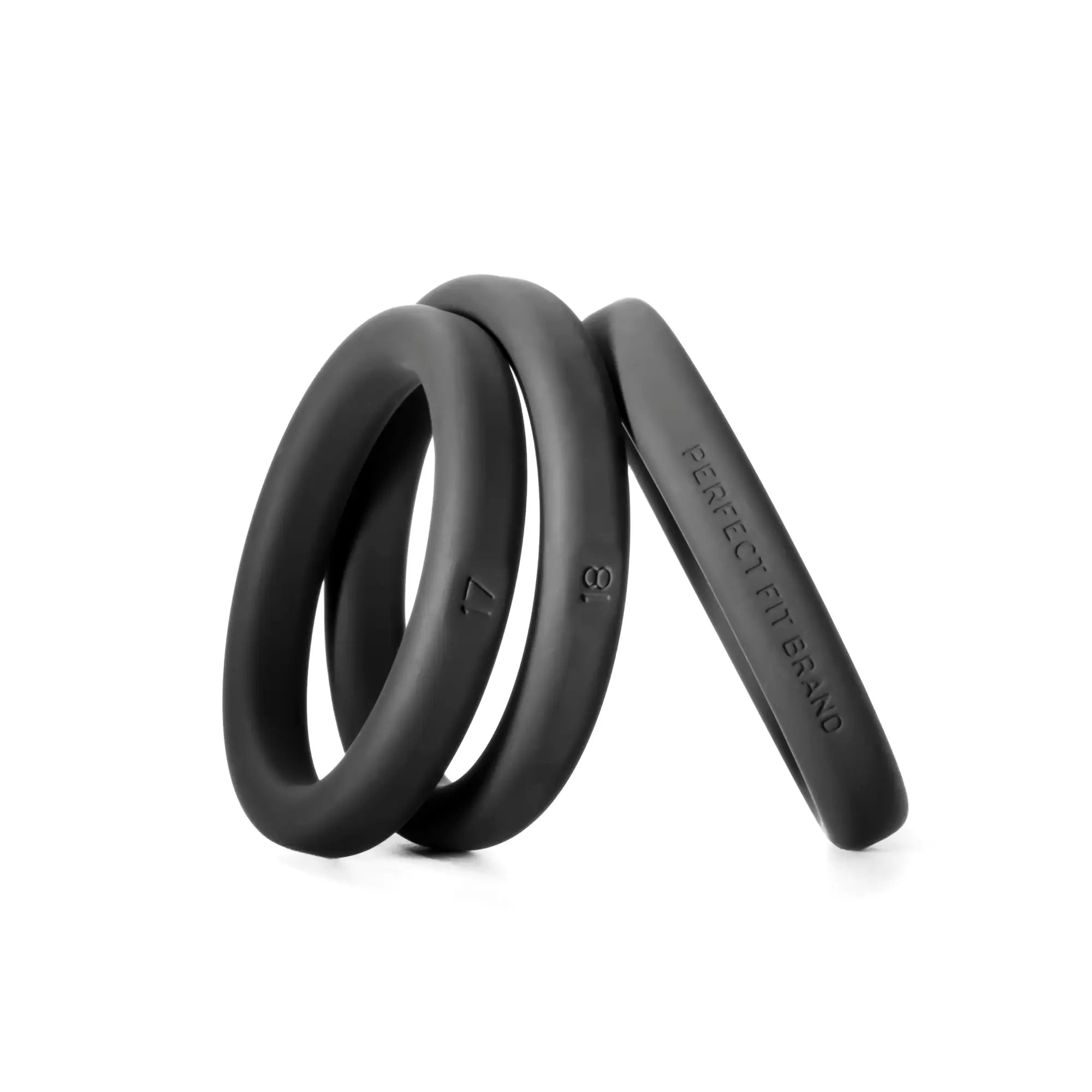 Black silicone rings from perfectfit xact-fit large 3 ring kit with engraved size markings and smooth matte finish