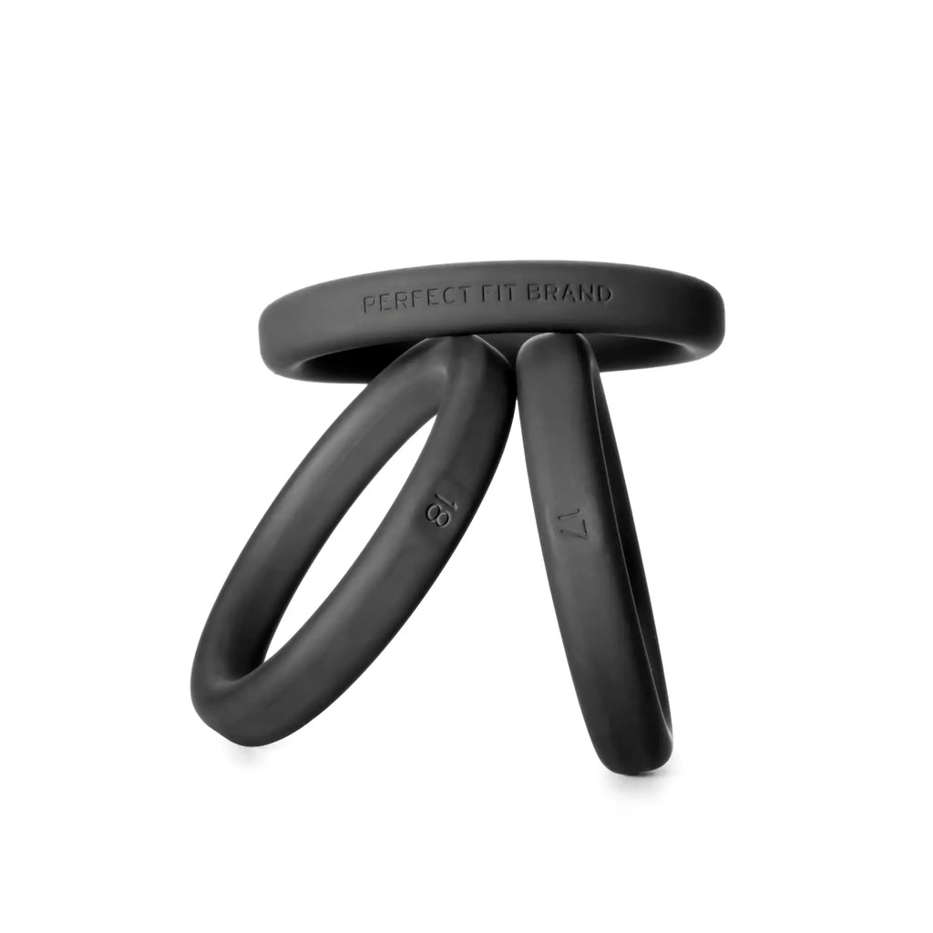Black silicone ring set from perfect fit featuring three interlocking rings with engraved size markings large 3 ring kit