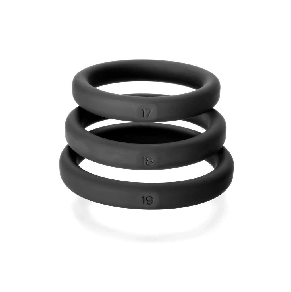 Set of three black perfectfit xact-fit silicone rings in large sizes with size numbers for precise fitting