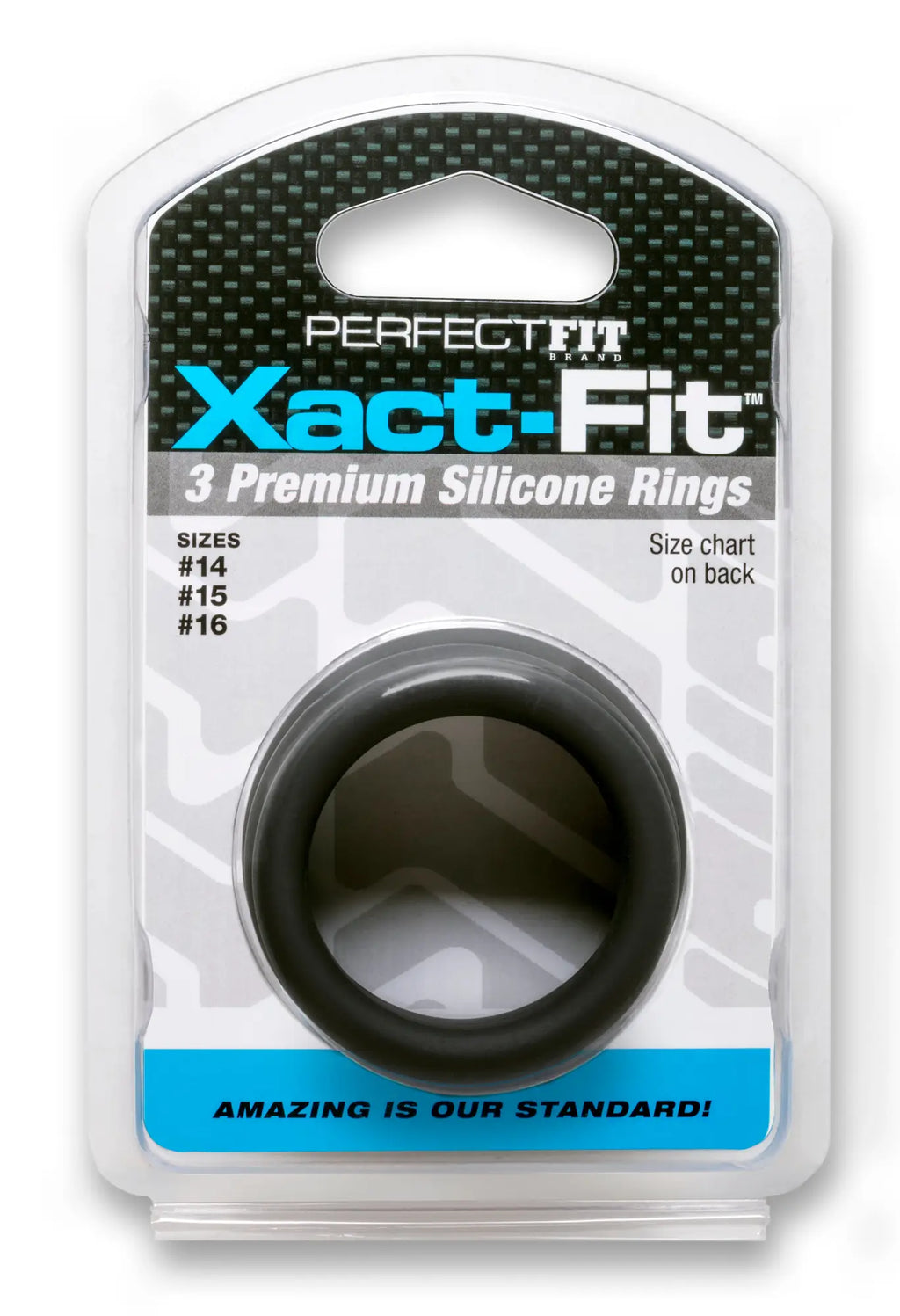 Black silicone ring in medium perfectfit xact-fit kit shown in a perfect fit xact-fit package