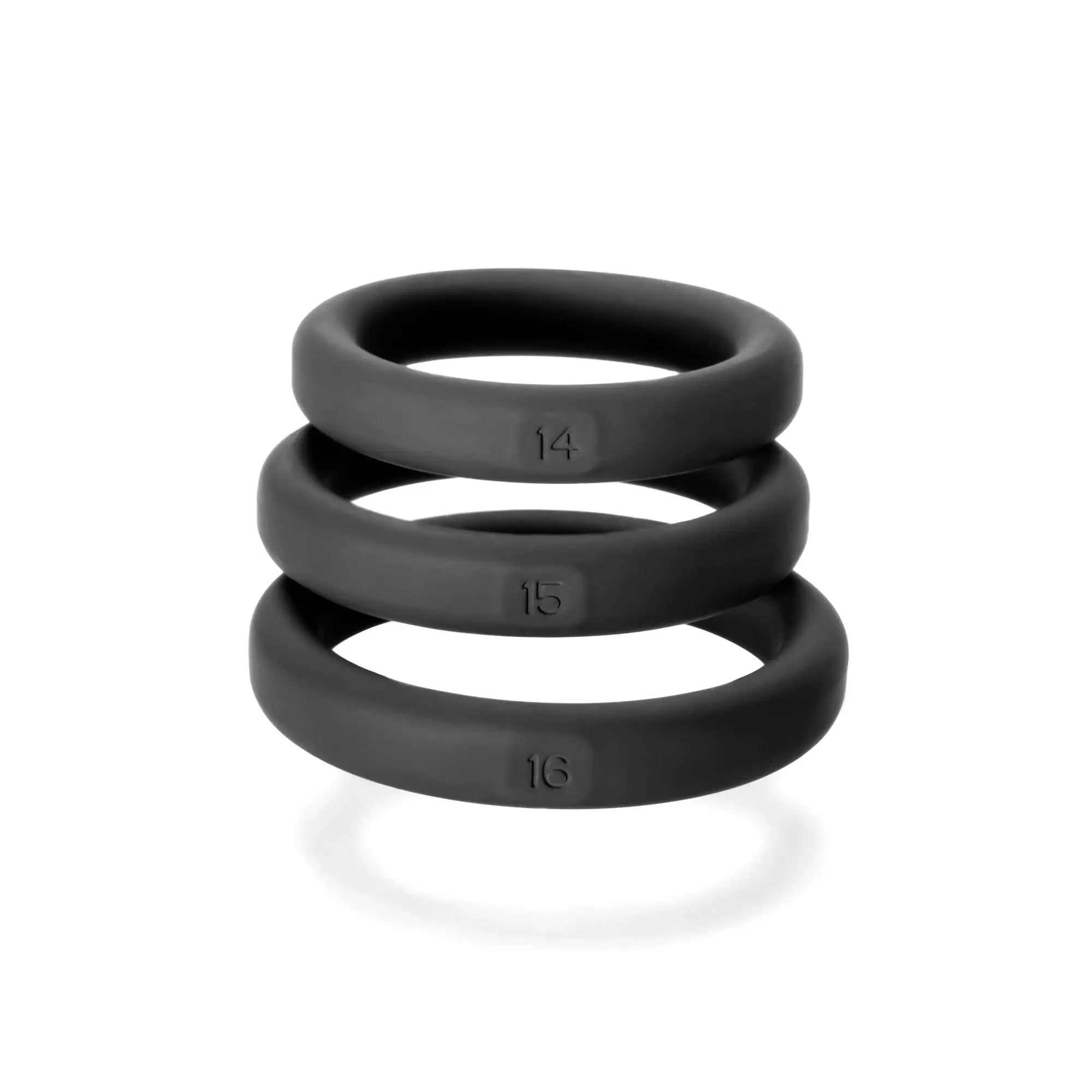 Set of three black silicone rings with size markings from PerfectFit Xact-Fit medium 3 ring kit