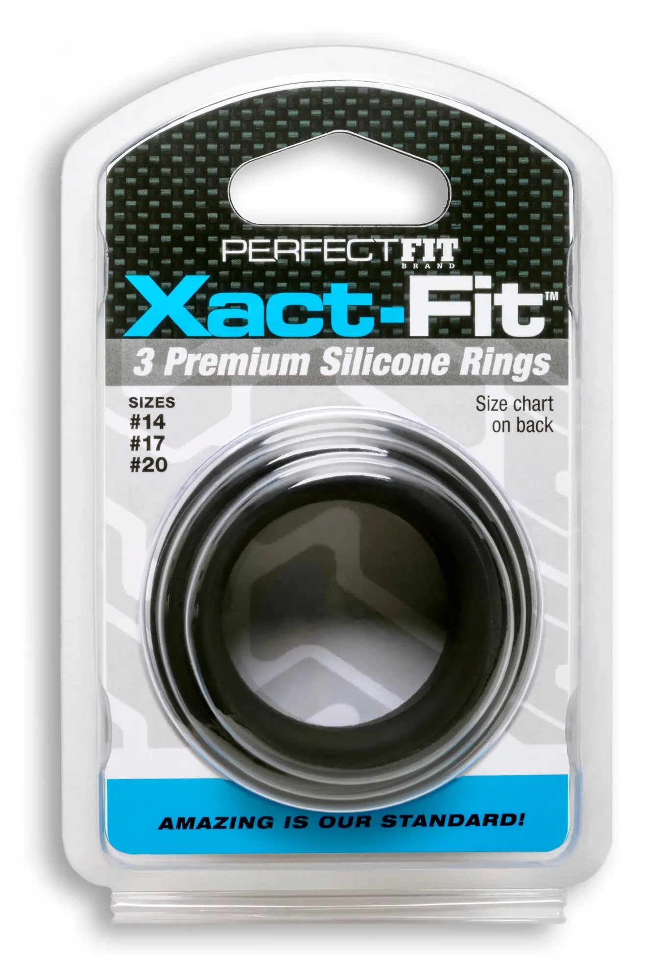 Black silicone ring in perfectfit xact-fit package showing a precise fit from the mixed 3 ring kit