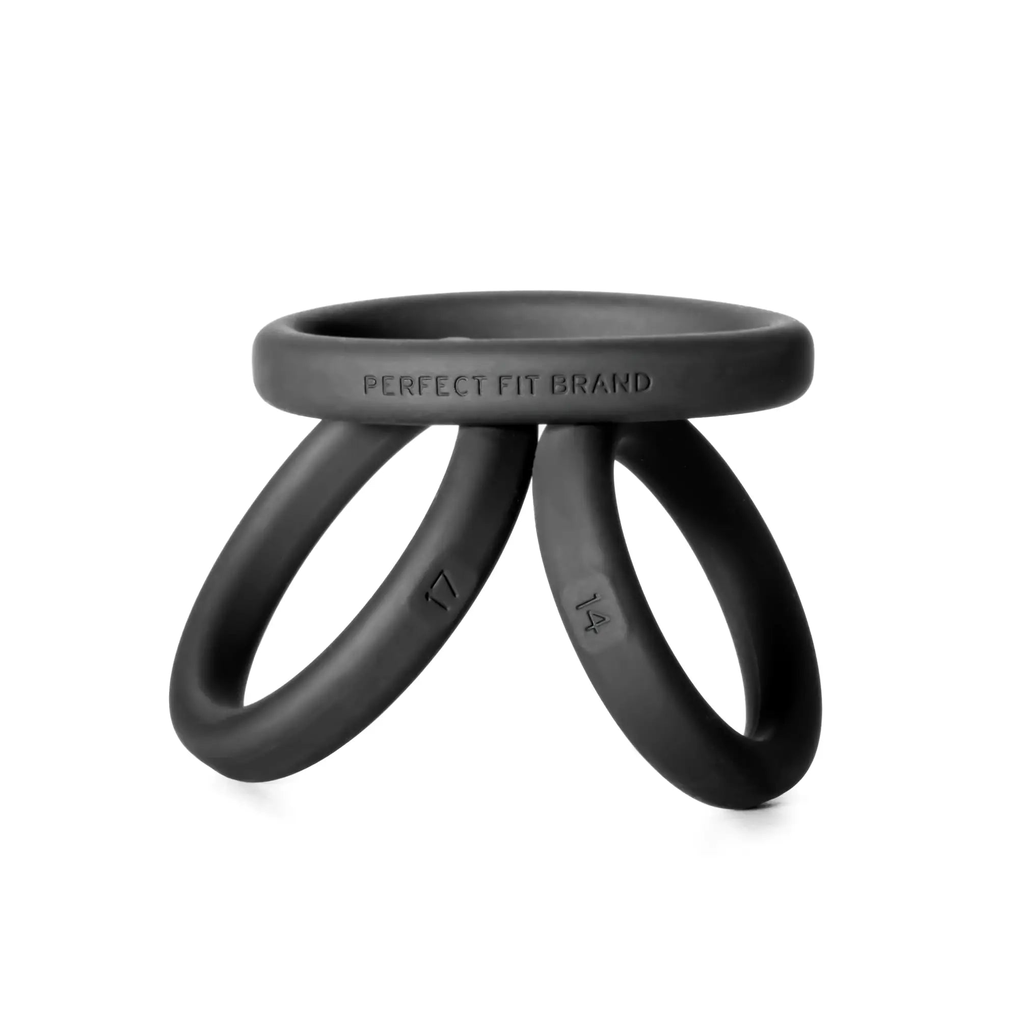 Black silicone ring set from PerfectFit featuring three interlocking rings with size markings for exact fit