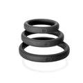 Set of three black silicone rings with engraved sizes 14mm 17mm and 20mm from PerfectFit Xact-Fit kit