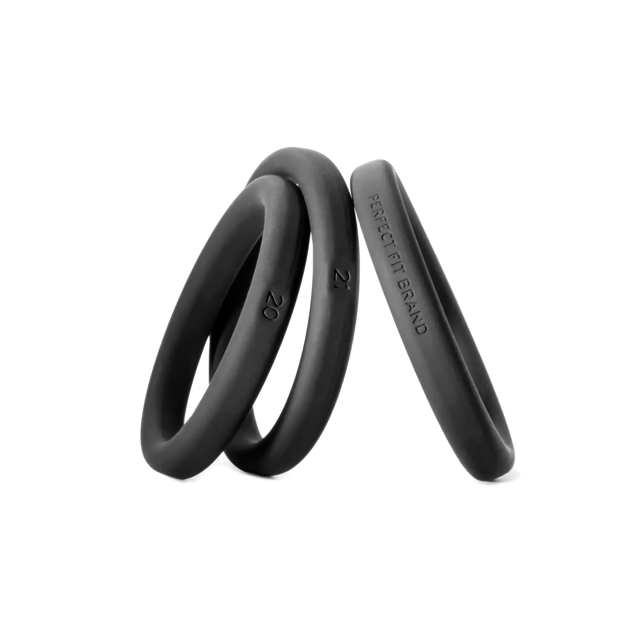 Black x-large perfectfit xact-fit silicone rings with engraved 20 and perfect fit brand text in 3 ring kit