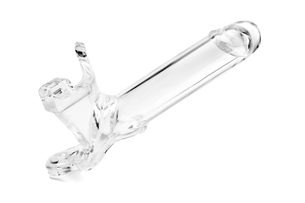 Clear glass medical speculum with polished transparent design and intricate handle in perfectfit zoro knight strap on