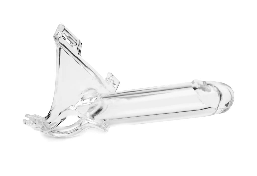 Clear glass medical speculum with triangular handle and adjustable clamps in perfectfit zoro knight 6in hollow shaft clear strap on