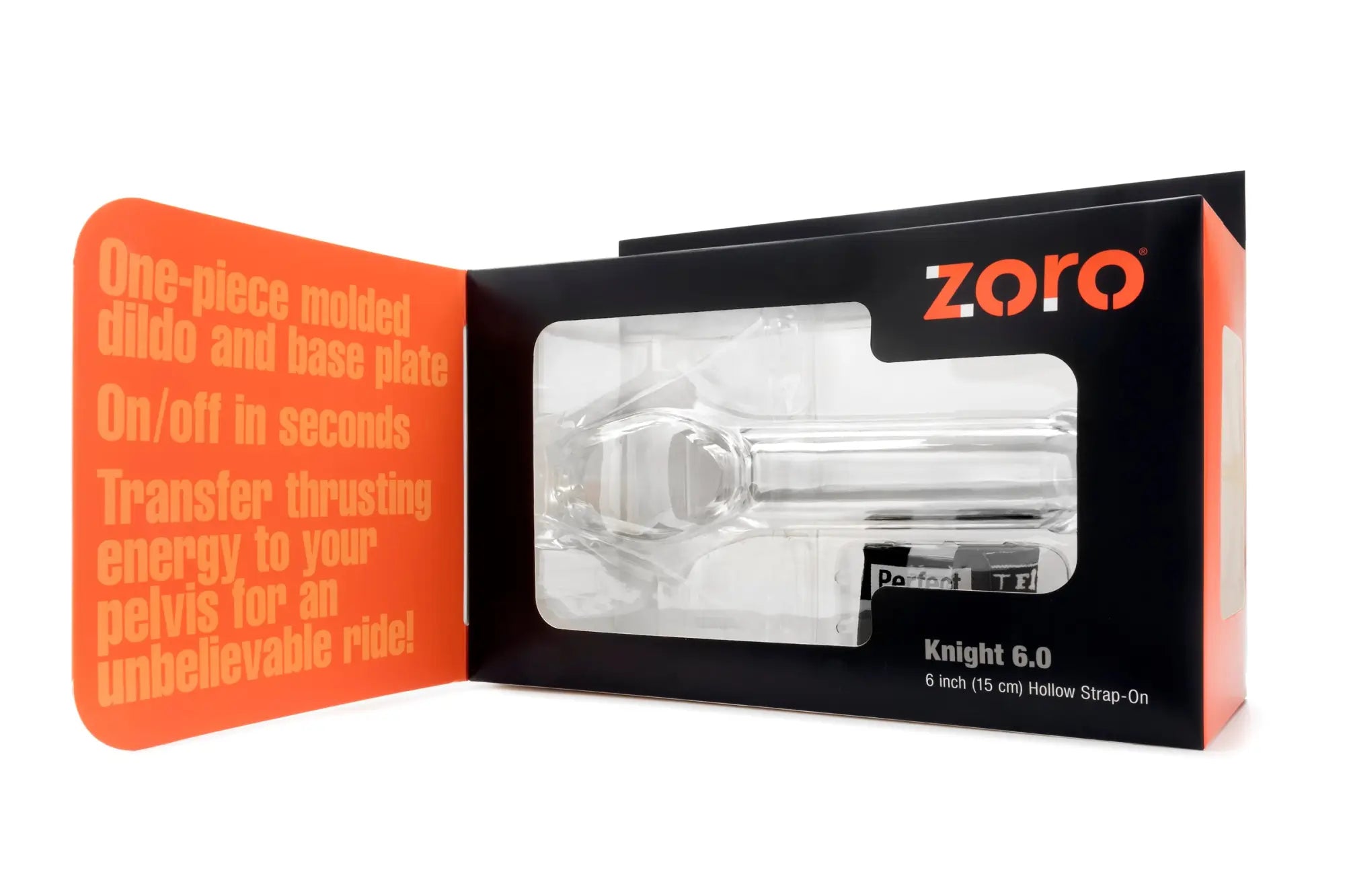 Clear plastic perfectfit zoro knight 6in hollow strap on dildo with integrated base plate in branded packaging
