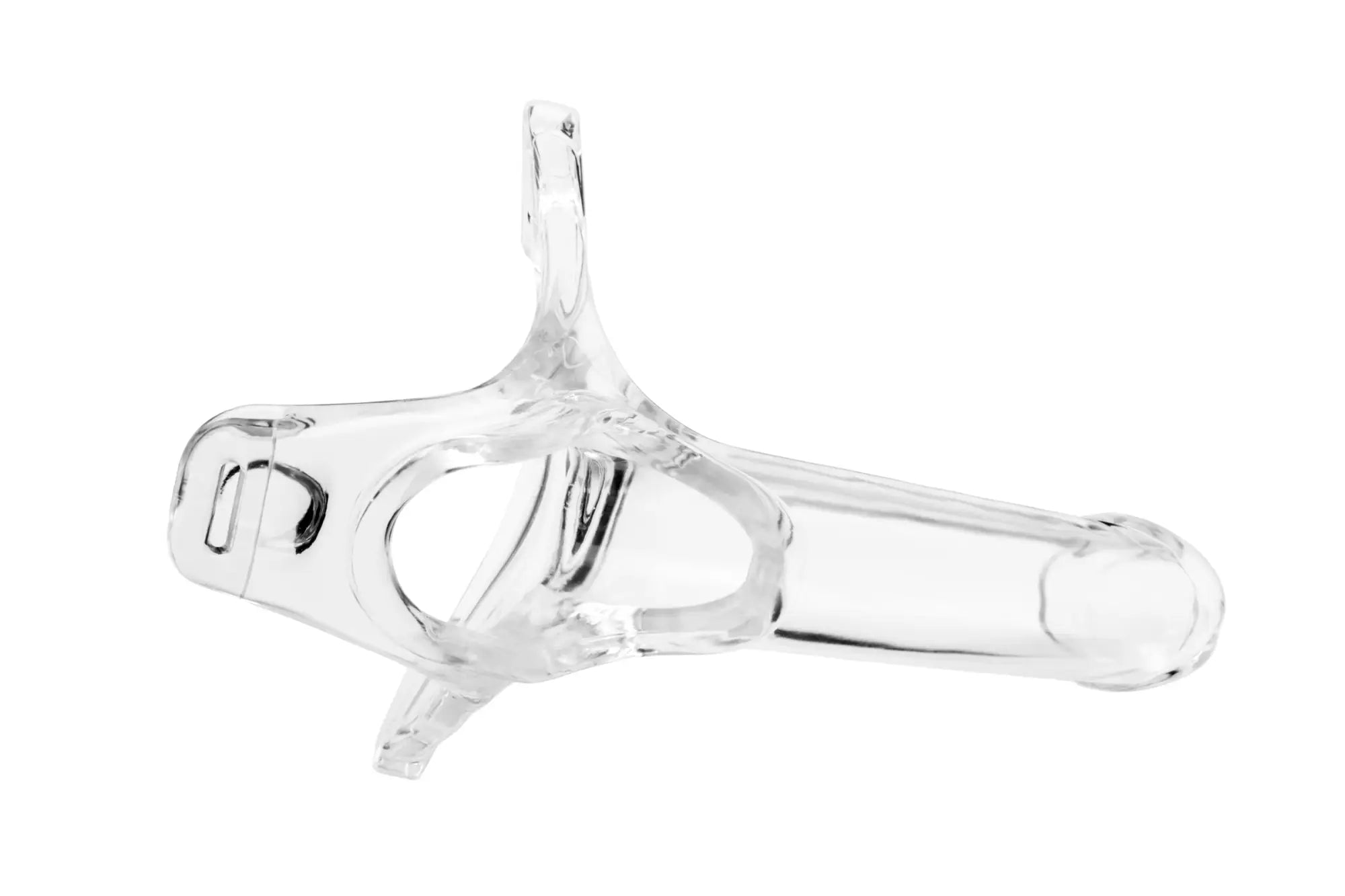 Clear plastic speculum with handle and curved arms in perfectfit zoro knight 6in hollow shaft clear strap on