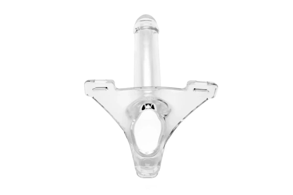 Clear plastic urinal with central tube and three prongs from perfectfit zoro knight 6in hollow shaft strap on