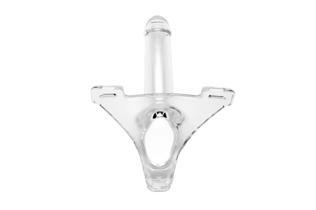 Clear plastic urinal with central tube and three prongs from perfectfit zoro knight 6in hollow shaft strap on