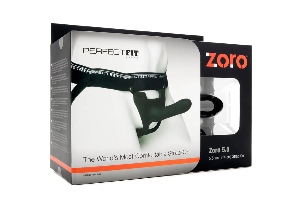 Perfectfit zoro strap-on 5.5 inch black silicone with perfect fit waistband in sleek black white and orange packaging