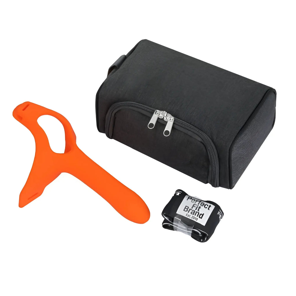 Black textured fabric toiletry bag with silver zipper pulls for storing the PerfectFit Zoro Strap-On 5.5in orange