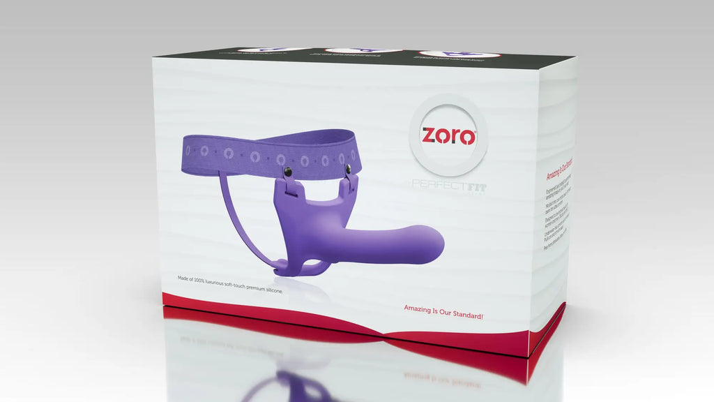 Perfectfit zoro strap-on 5.5in purple silicone adult toy with curved ergonomic design and circular perforations on strap